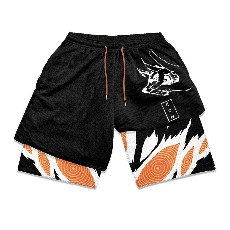 Mens 2 in 1 Compression Gym Shorts Anime Print Athletic Performance Shorts 5 Inch Quick Dry Stretchy Workout Running Jogging