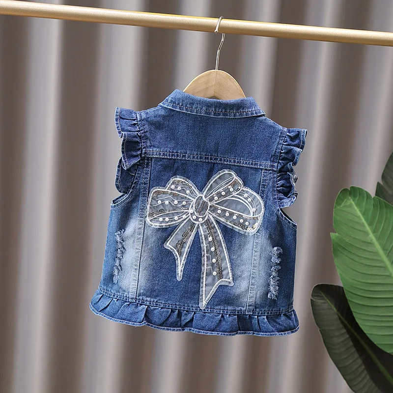 Girls Denim Vest Spring Autumn Lapel Sleeveless Children Waistcoat Cute Casual Single-Breasted Jean Outerwear