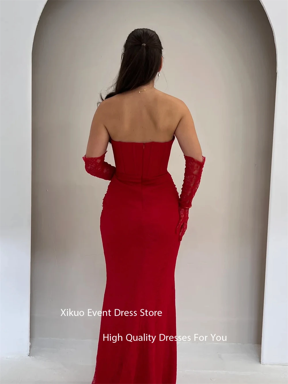 Xikuo renda vermelha vestidos de noite formal sem alças miçangas vestidos de festa árabe saudita apliques luxuoso robe de soirée personalizado