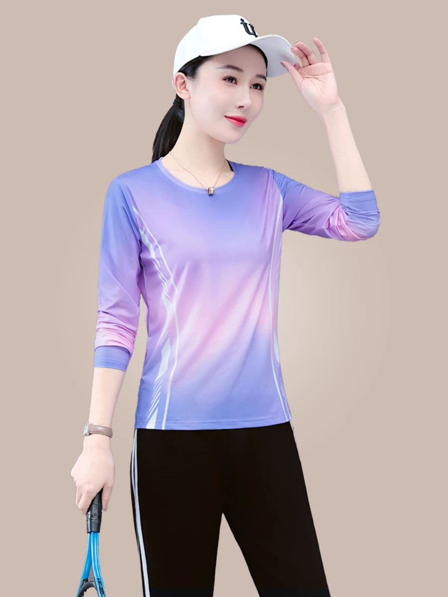 

Qui Dry Long Sve round Ne Ice Silk Thin Two Piece Set Mom Sports Wear Women's Spring Autumn New Sle Lightweight Set