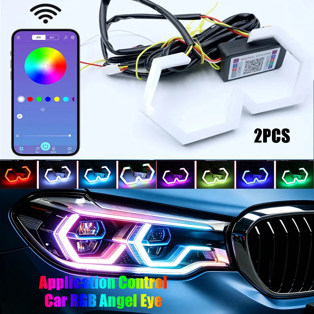 2PCS Angel Eyes Rings  RGB Yellow Amber Turn Signal Bluetooth APP Control Car UTV Motorcycle DRL Headlight Decorative Light