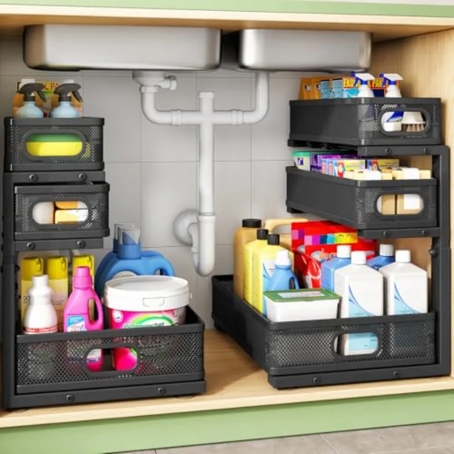 

Kitstorack Under Sink Organizer 2-Pack 3-Tier Height Adjustable Thickened Metal Pull out Cabinet Organizer Shelf Slide out Stor