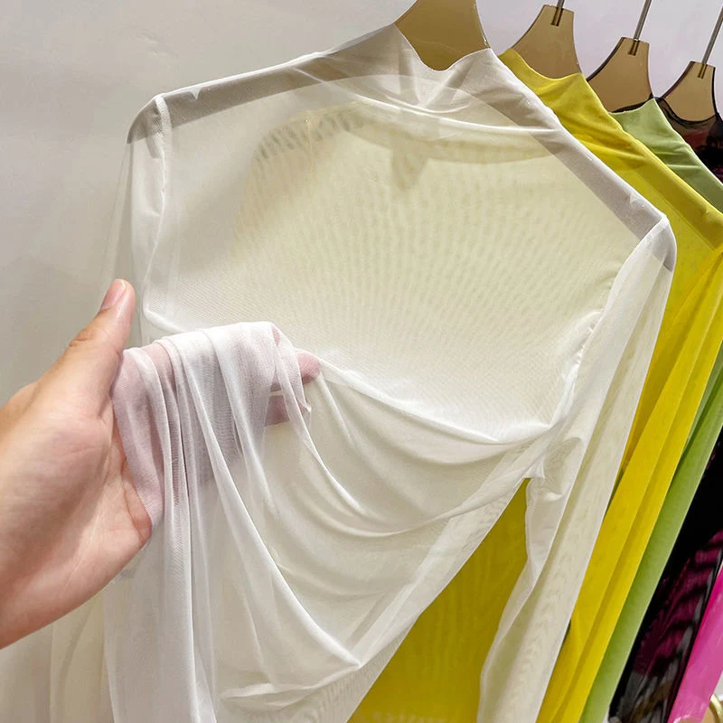 2026 Transparent Gauze Bottoming T-shirt Women Clothing Summer Long Sleeved T-shirt with Gauze Shirt Half High Collar Sunscreen