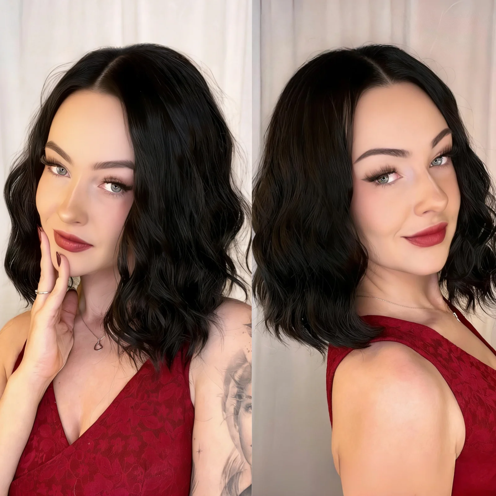 Short Curly Wavy Natural Black Synthetic Lace Front Wigs for Women Middle Part Shoulder Length Dark Brown Brunette Cosplay Party