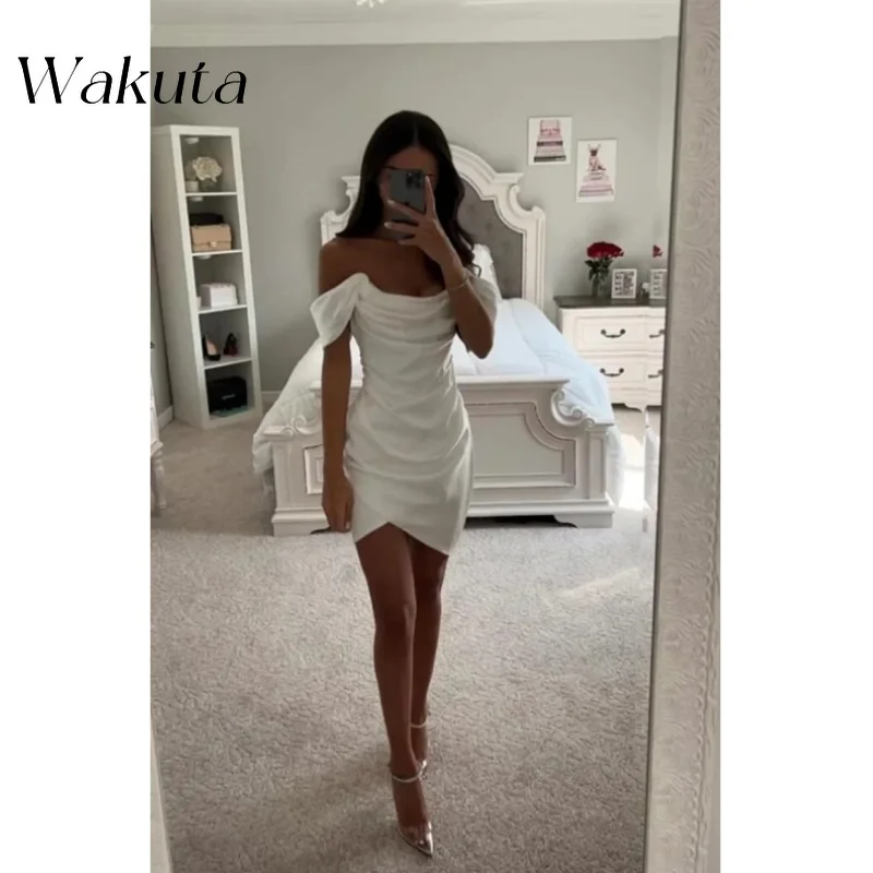 Wakuta-Mini Robe de Cocktail en Satin pour Femme, Tenue Élégante, Éducative, Courte, Sexy, Froncée, Couleur Unie