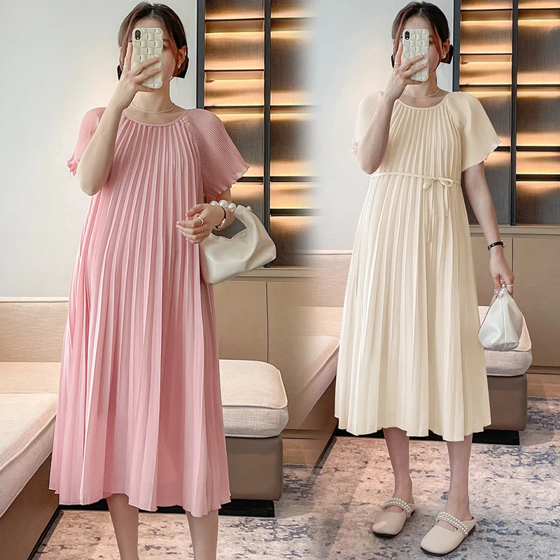 Beige Pink Sunmer Pregnant Woman Pleated Dress Plus Size Maternity Chiffon Dress Mid-Calf Pregnancy Clothes with Belt Wholesale