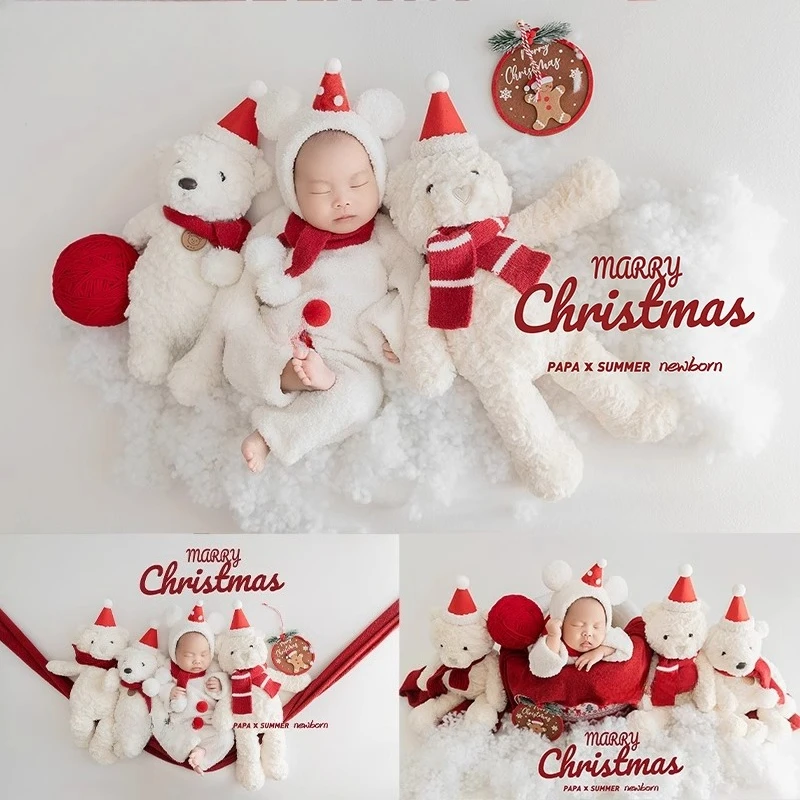 Newborn Photography Props Cute Theme Set White Knitting Outfit with Hat Blanket Bears Dolls for Christmas Studio Photo Shoot