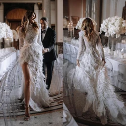 Pearls Feathers Bridal Gowns Side Split Wedding Dress Customized Illusion Beaded Lace Vestido de novia