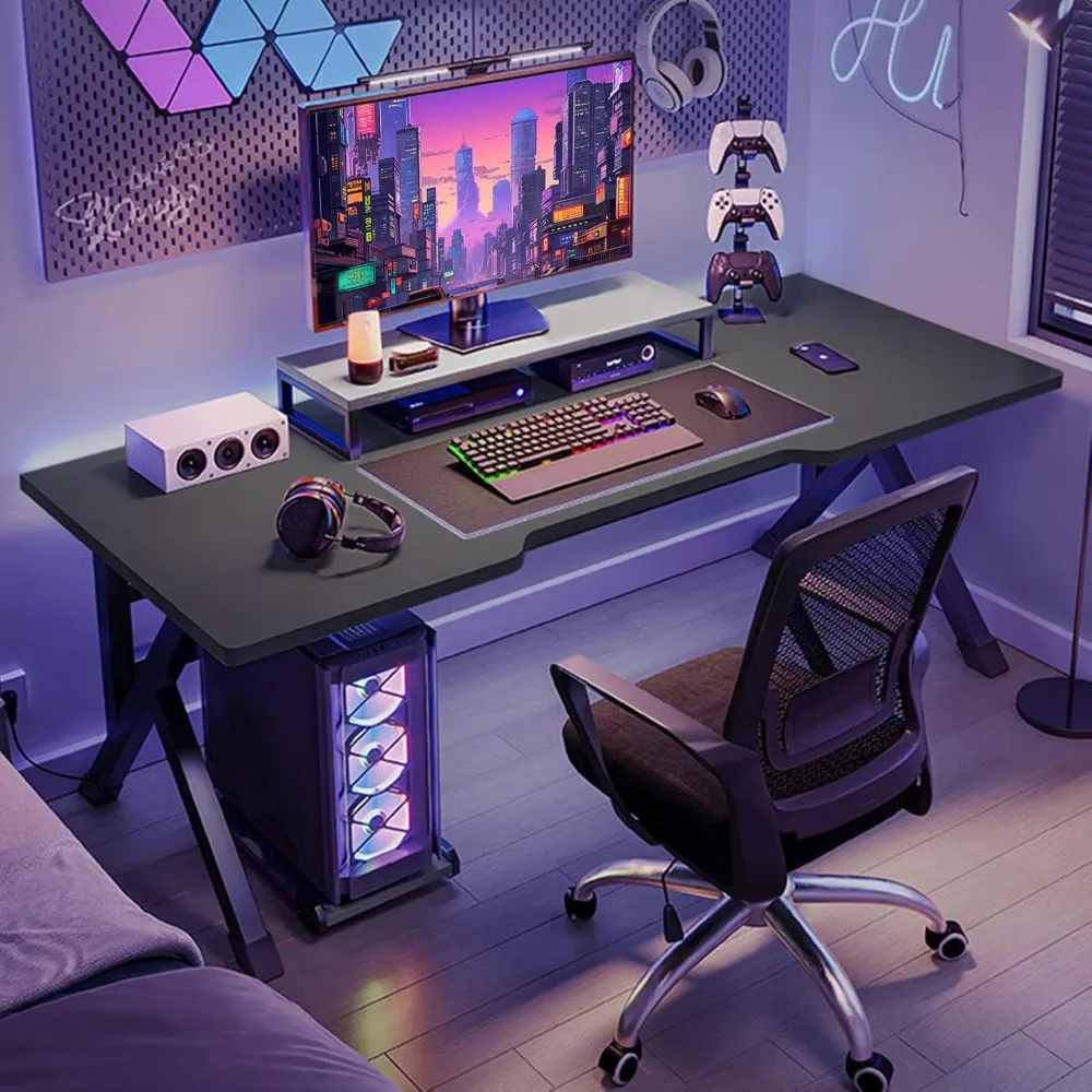 40 Inch K-shaped Gaming Table with 2 Cable Holes, Adjustable Legs, Ergonomic Gaming Player Computer Desk