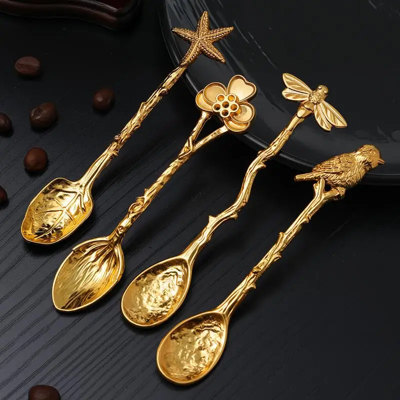 *Retro Metal Coffee Spoon Dragonfly Branches Leaves Shape Ice Cream Cake Dessert Milk Mixing Spoon Kitchen Gadgets Tableware