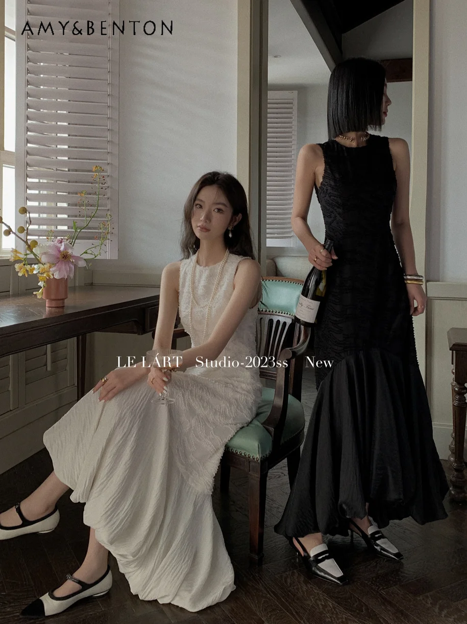 

Summer New Korean Fashion Elegant Slim Sleeveless Dress for Women French High-Grade Retro Printed Socialite Mid-Length Dresses