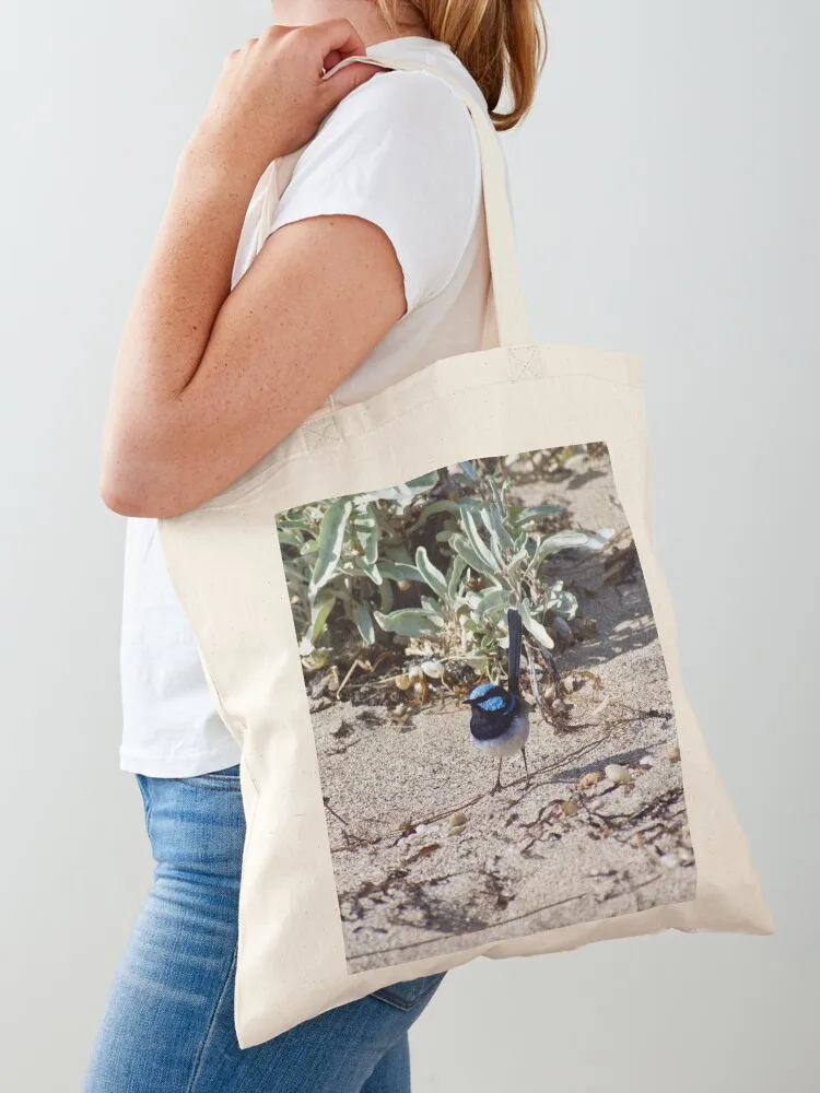 Blue Superb Fairy Wren at the Seaside Tote Bag Big bag foldable reusable bag Canvas for women Cloth bags Canvas Tote