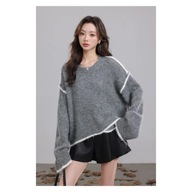 Серый свитер в ленивом стиле 2022, осень и зима, новый стиль, свободный дизайн, свитер нестандартного контрастного цвета, женские модные топы