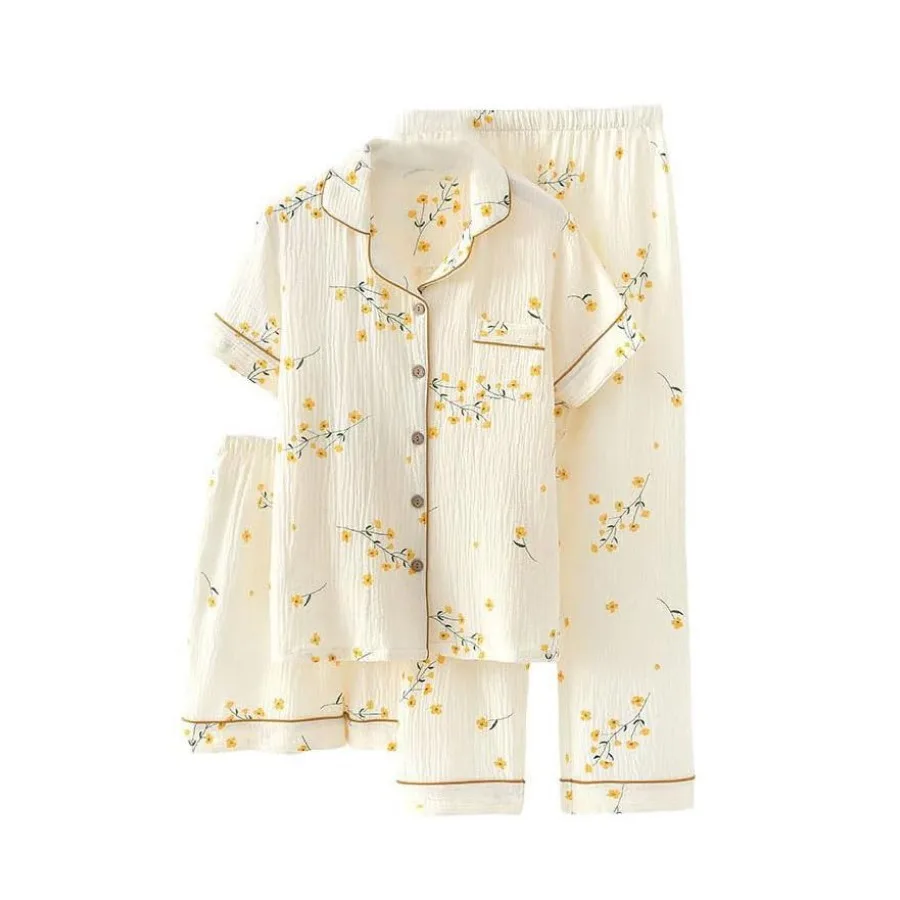 codcm Womens 3pcs Cotton Pajamas Set Short Sleeve Sleepwear Fruit Print Cute Pj Set with Long Pants