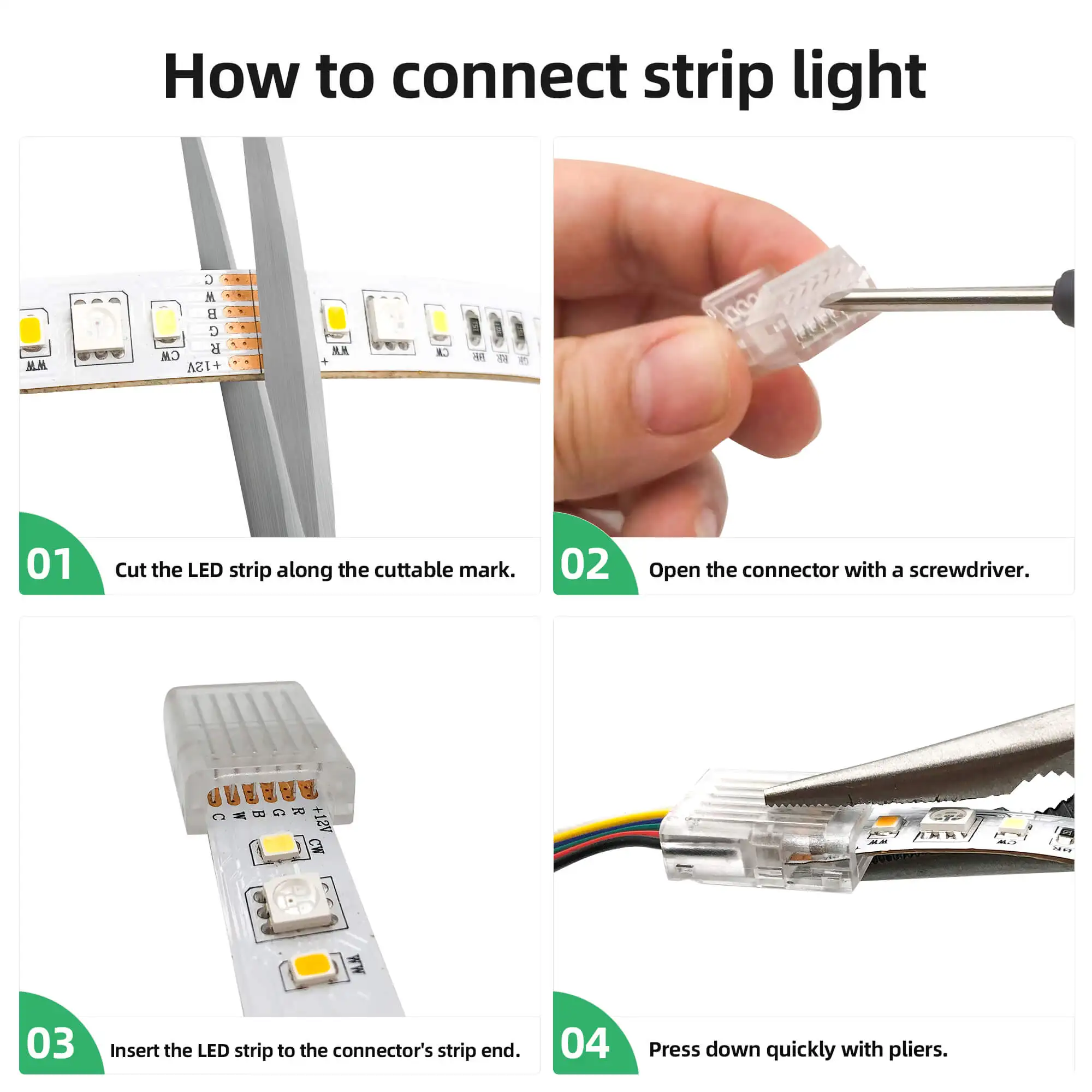 RGBCCT 6 Pin LED Strip Connectors with Extension Cable 6 Pack 12mm LED Strip RGBCW to Wire Solderless Transparent Track Lighting