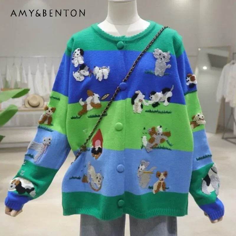 

Exquisite Texture Cartoon Embroidery Flocking Knitwear Autumn Clothing Loose and Thin Crew Neck Cardigan Sweater Jacket Women