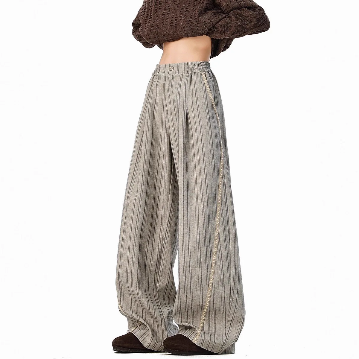 

Брюки унисекс 2026: весенне-осенние, в полоску, с высокой талией, винтажные, свободные, широкие, струящиеся, в пол, для повседневной носки