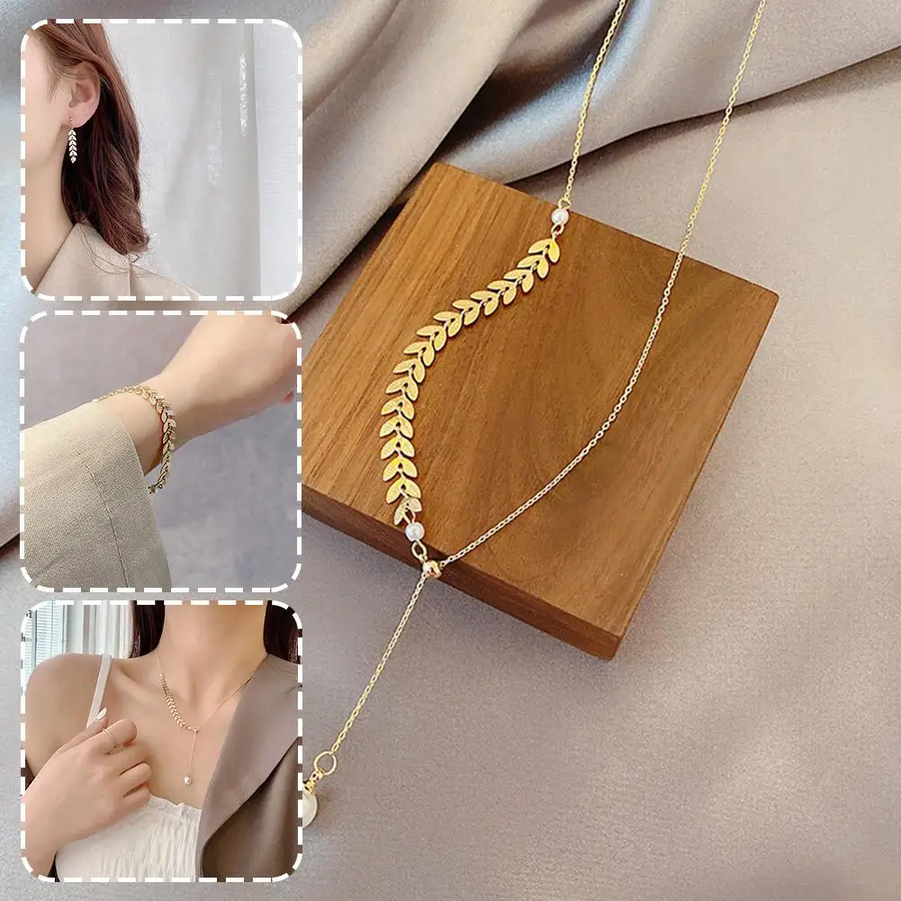 3 Pcs/ Set Retro Wheat Leaf Clavicle Chain Earings Bracelet Set Sexy Sling Accessories Korean Wheat Jewelry Set For Women H4Z0