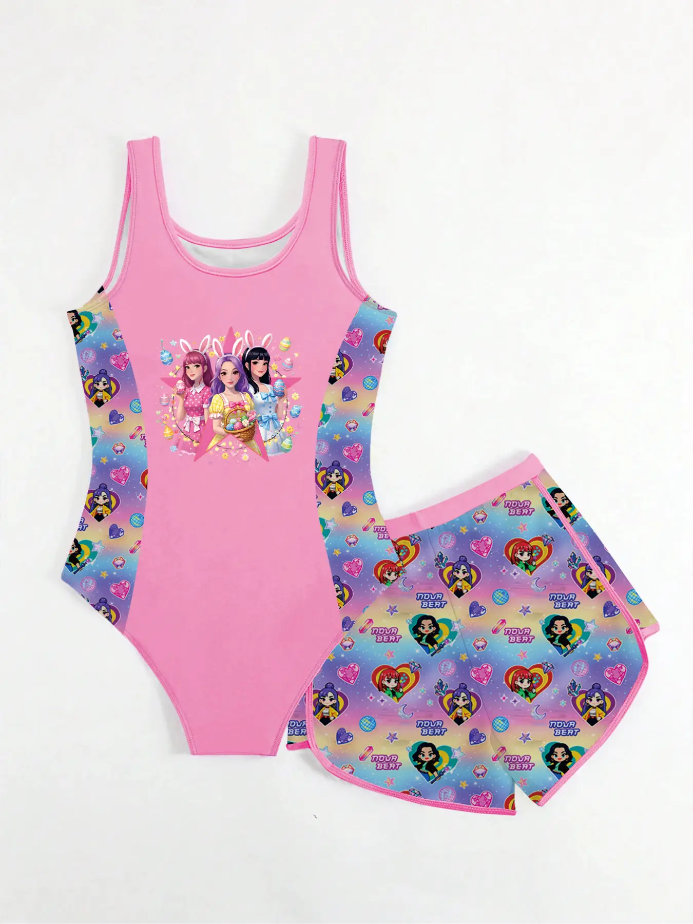 maio-infantil-feminino-de-2-pecas-com-saia-maio-rosa-vibrante-com-recortes-e-decote-u-estampa-de-coelhinha-da-pascoa-e-arco-Iris
