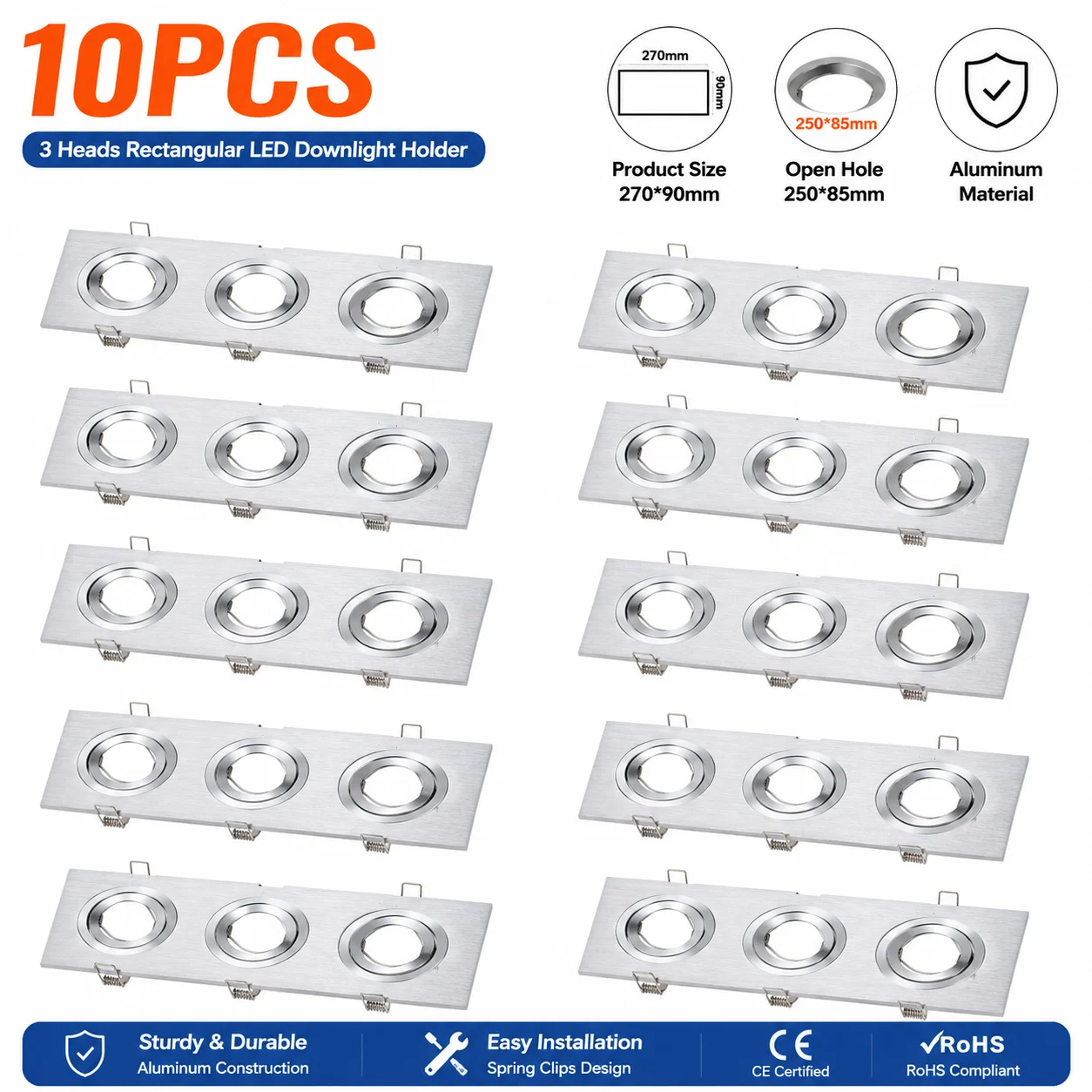 JOYINLED Pack of 1/6/10 Triple Head Silver LED Recessed Spotlight GU10 MR16 Frame Lamp Downlight Casing Light Fixture Holder