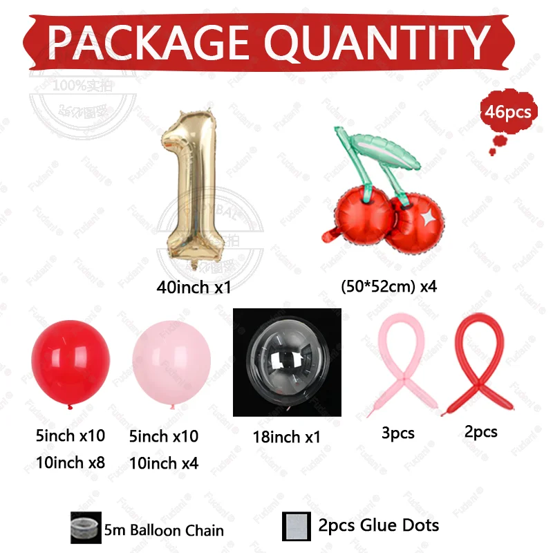 46pcs Cherry Themed Balloon Platinum Numbers 1-9 Birthday Balloon Set Fruit Party Decoration Commemorative Day Photo Props