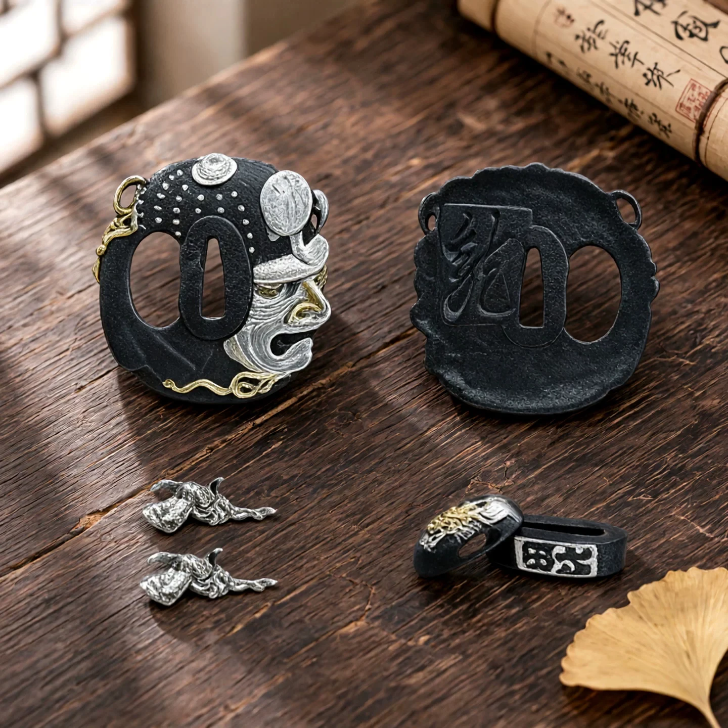 Japanese Sword Fitting Set DIY Sword Parts Tsuba Guard + Fuchi Kashira + Menuki Katana Wakizashi Tsuka Handle Accessories