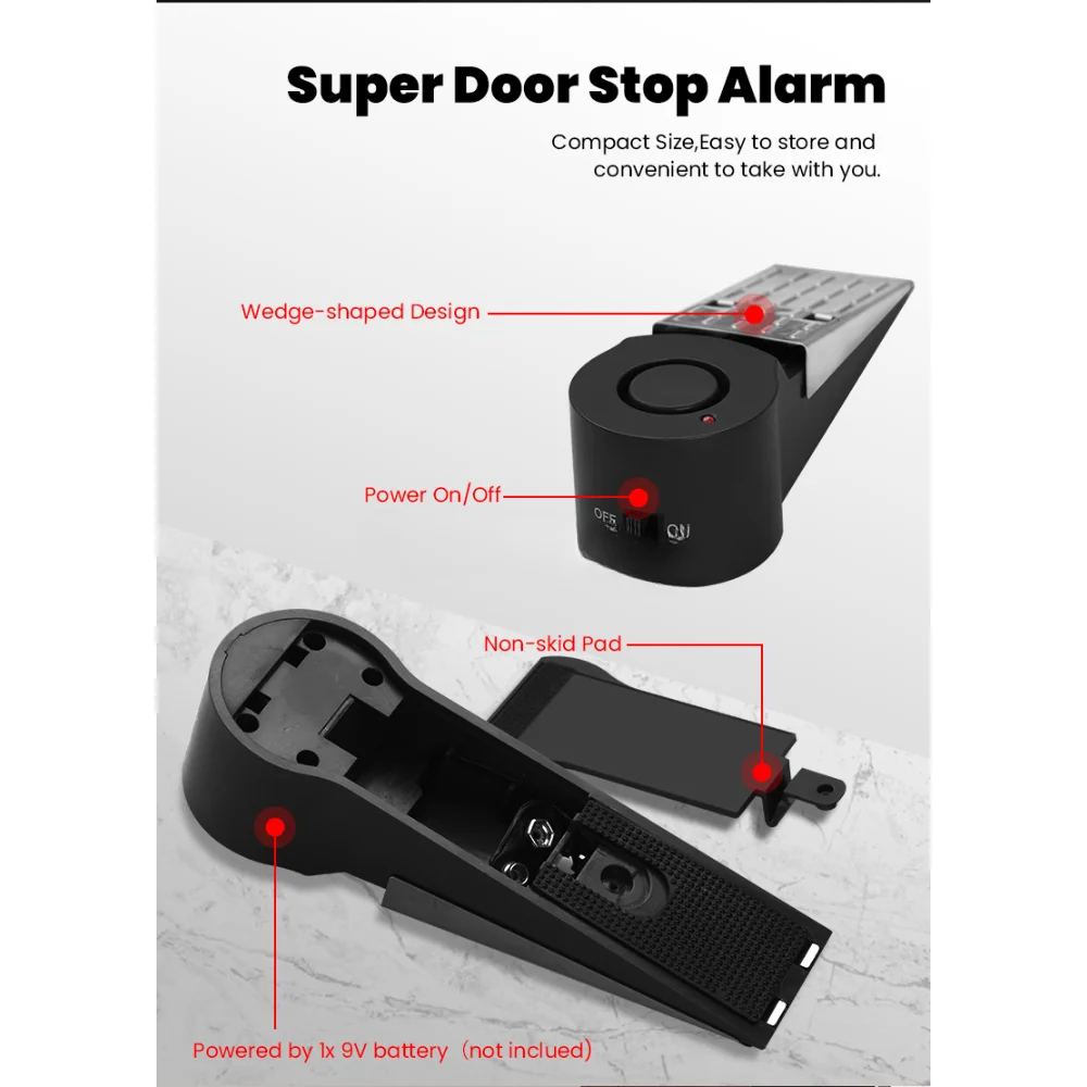 New Design Wireless Door Stop Alarm Door Wedge Alarm Security Stopper Alarm for Home Hotel Anti-Theft Black Portable for Travel