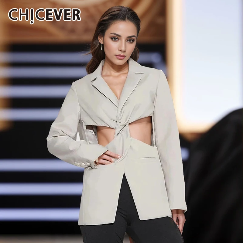 CHICEVER Solid Hollow Out Slimming Blazers For Women Notched Collar Lonbg Sleeve Spliced Pockets Temperament Blazer Female New