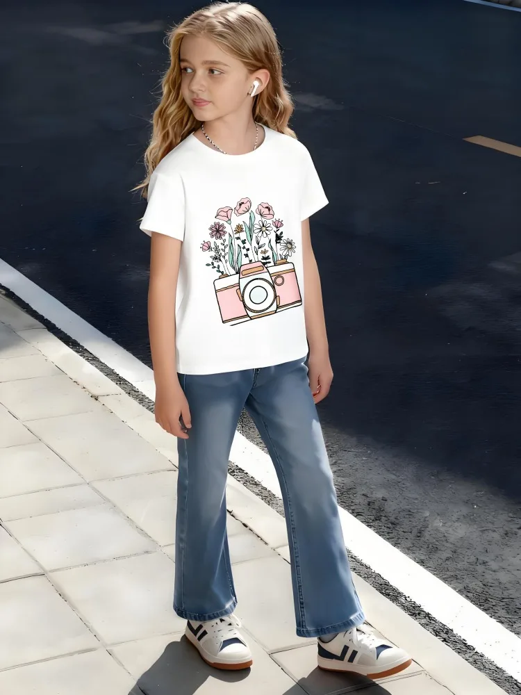  أطفال الأطفال القطن تي شيرت كاميرا خمر مع زخرفة الأزهار للبنين بنات ريترو صور موضوع الموضة #1