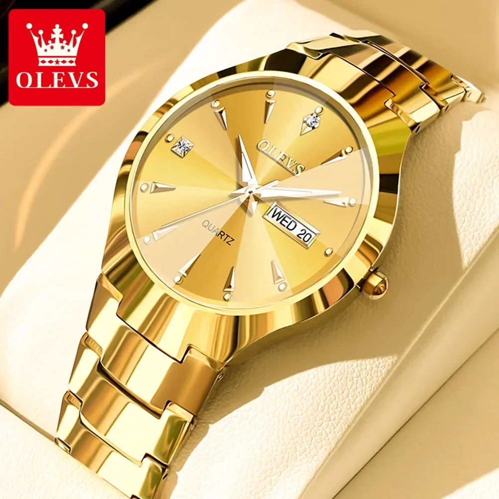 OLEVS, relojes de cuarzo de lujo para hombre, correa de acero de tungsteno dorado, relojes para hombre, reloj de pulsera de negocios con fecha luminosa resistente al agua y semana