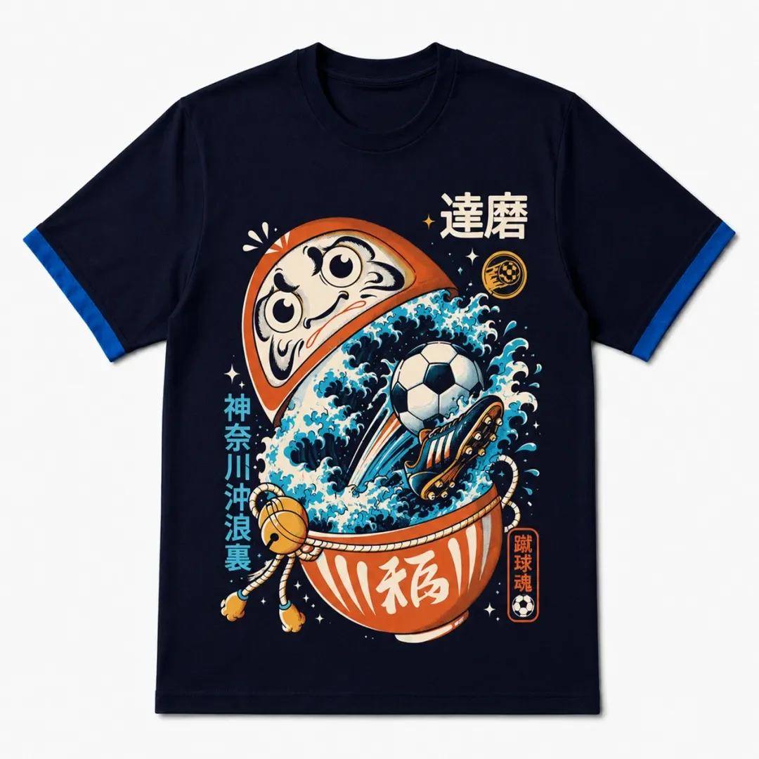 Japanese Damo Doll Kanagawa Wave Soccer Pattern Print, Summer Casual Sports Street Style Short Sleeve T-shirt