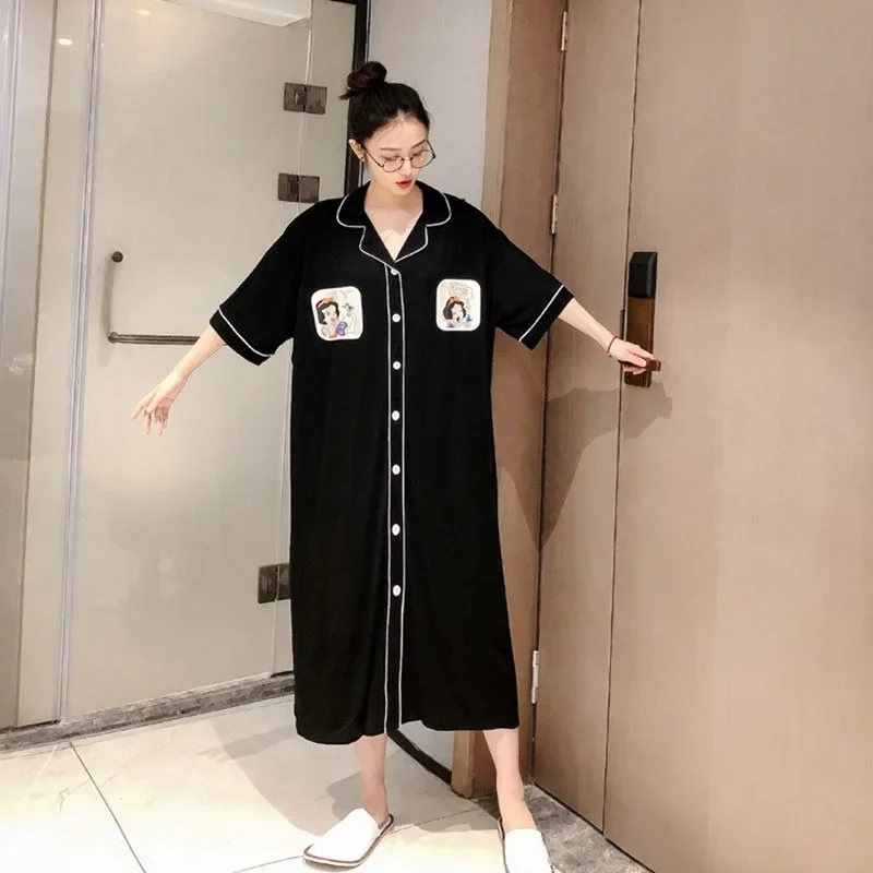 4XL 150kg Plus Size Women Loose Nightgown Lapel Cardigan Long Shirt Dress Female Casual Homewear Sexy Thin Sleepshirts Out Wear