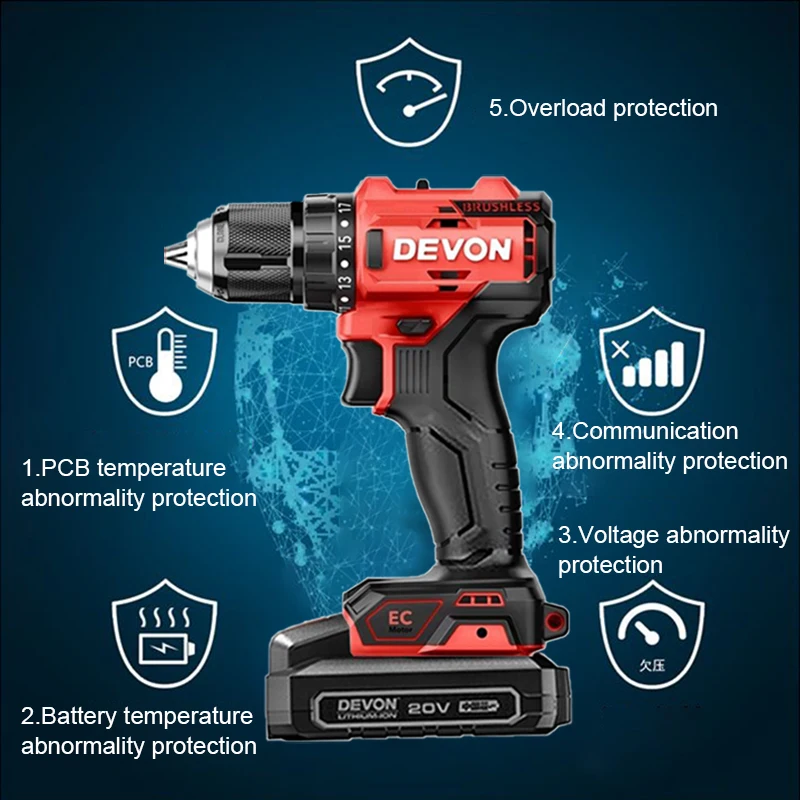 DEVON Cordless Drill 5210 Imacpt 5211 Light Duty Rechargeable Brushless 20v 50Nm 1800rpm Adjustable Speed Share Flex Battery