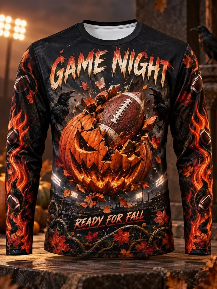 Men's Game Night Pumpkin Football Long Sleeve T-Shirt Raven Maple Leaf Flame Halloween Graphic Tee Pullover Tops Gift New 2026