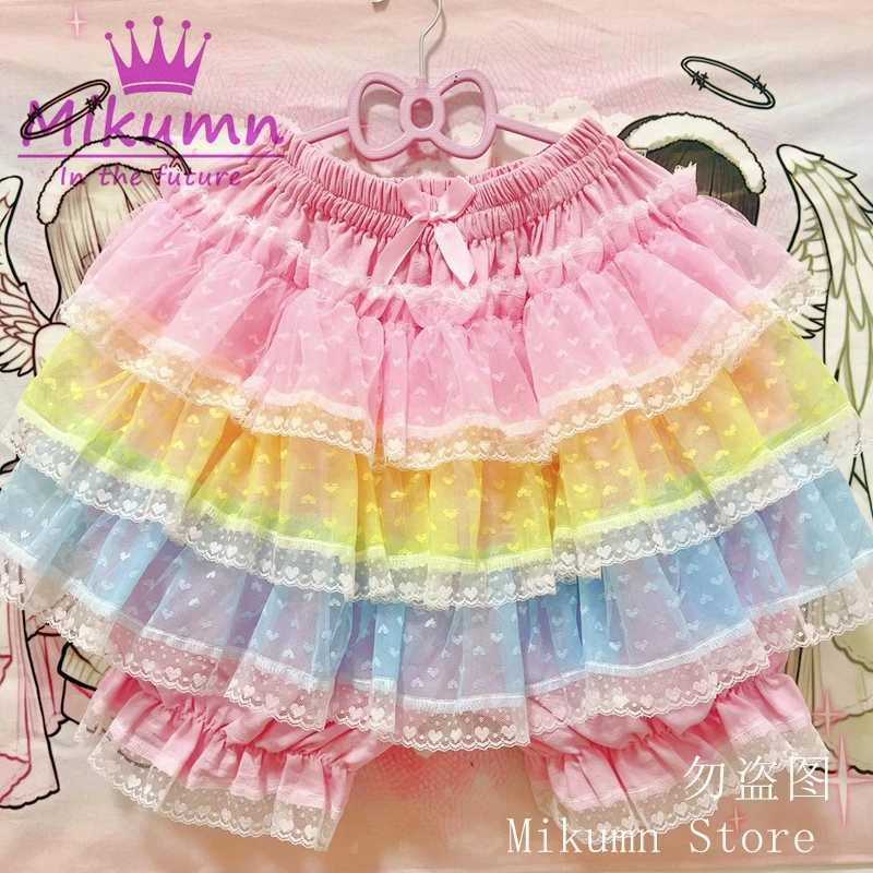 Mikumn Harajuku Zoete Kant Shorts Rokken Y2k Japanse Lolita Kawaii JK Ruches Bloeiers Vrouwen Elastische Taille Veiligheid Korte Broek