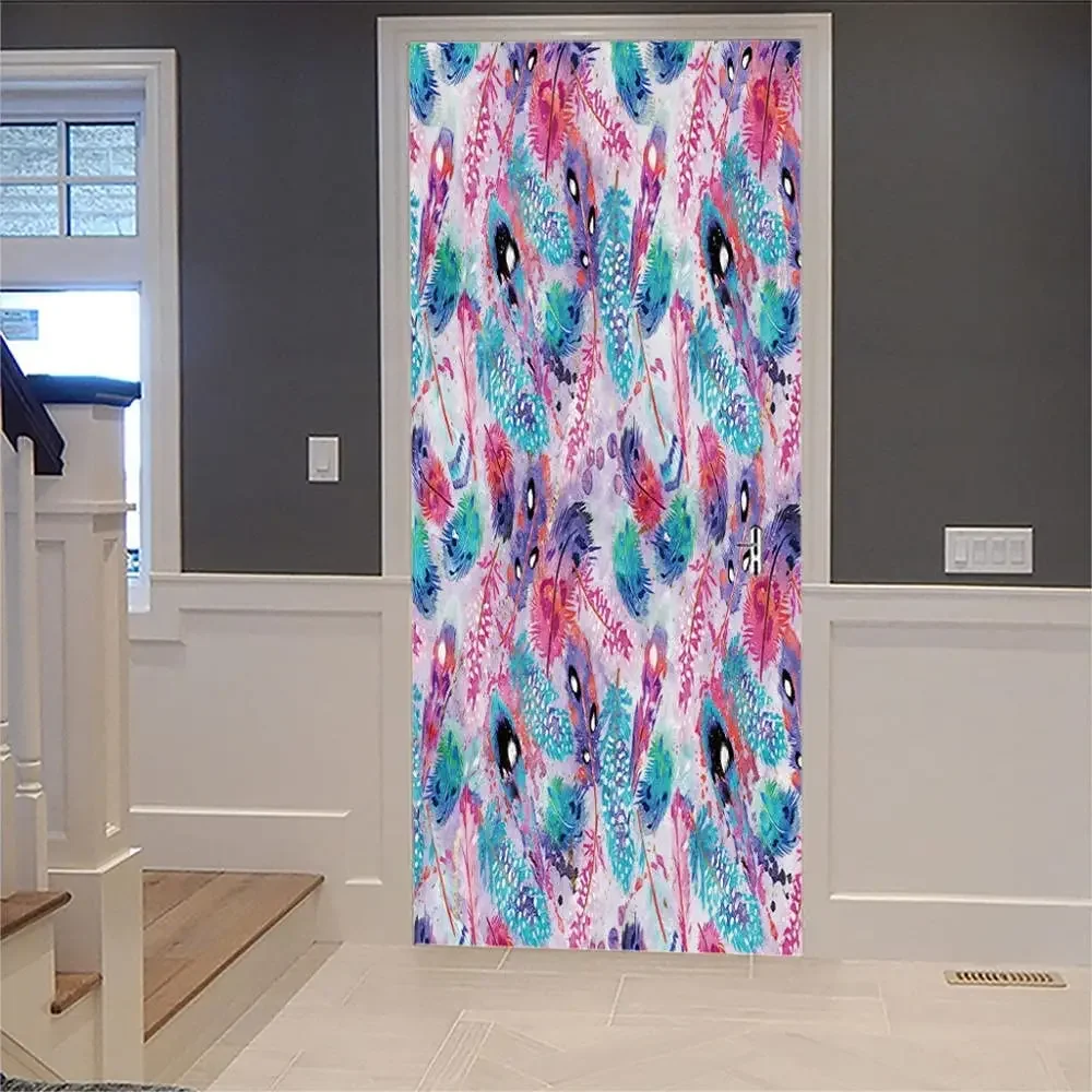 Feather Splash Ink Door Stickers Peacock Feather Door Mural Sticker Self-adhesive Animal Fur Decal Wallpaper Home Bedroom Decor