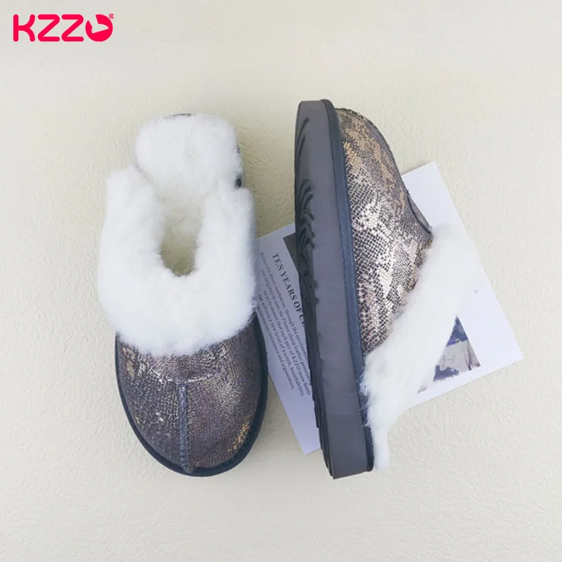 KZZO New Arrive Genuine Leather Slippers Fashion Female Winter Slippers Women Warm Indoor Slippers Soft Wool Lady Home Shoes