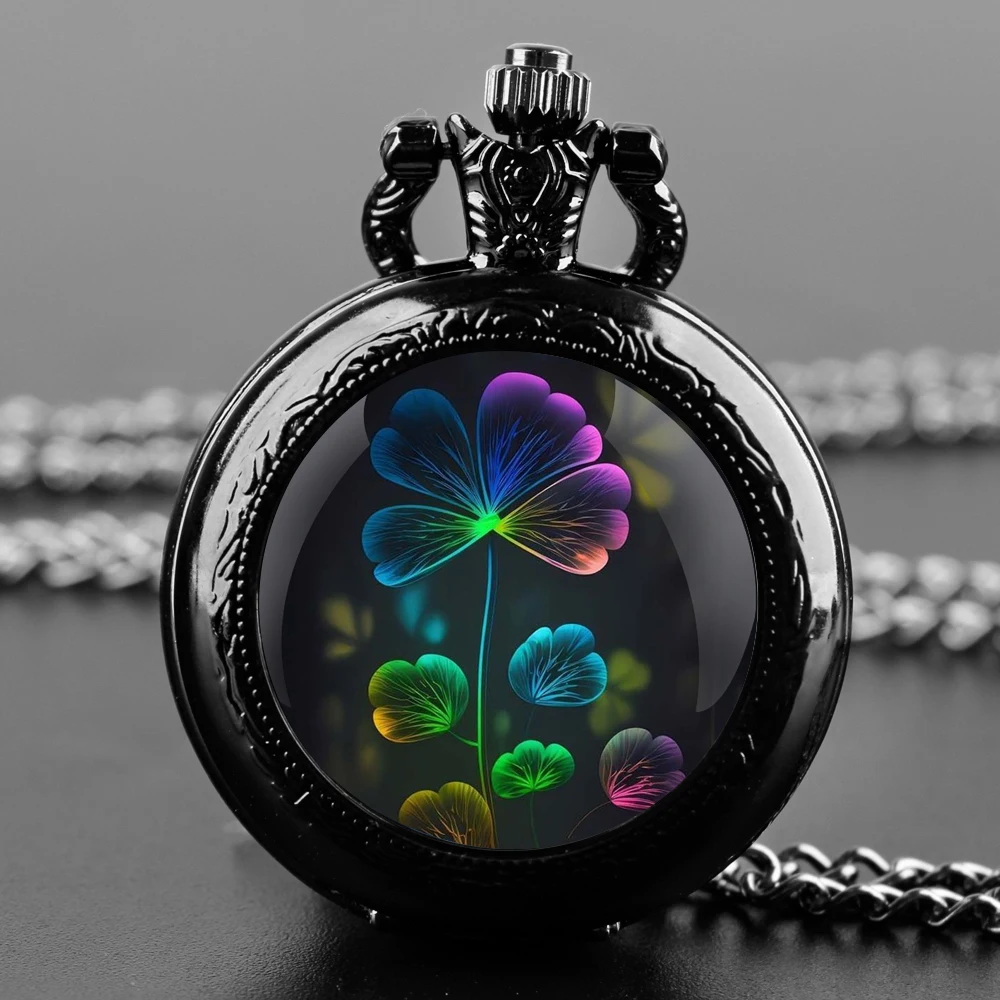 

Lucky Four Leaf Clover Pocket Watch Collection Timing Chronograph Pendant Necklace Jewelry for Men Women Gift Clock