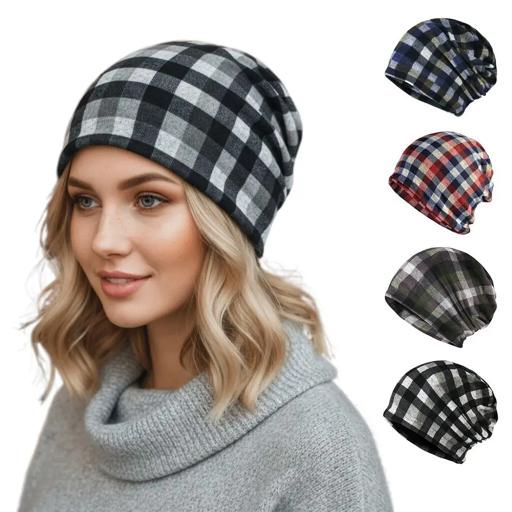 Contrasting Colors Pullover Hat Plaid Print Multifunctional Casual Hedging Cap Scarf Pullover Hat Turban Hats Autumn and Winter