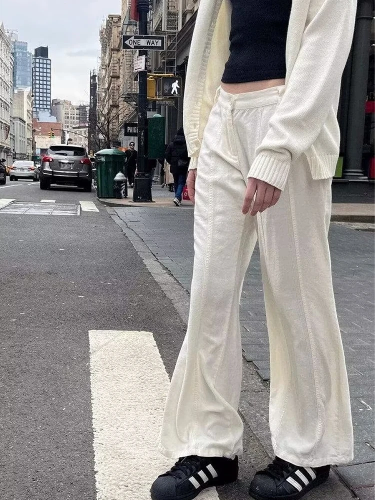 Lässige Frauen weiße ausgestellte Hose 2023 Sommer Vintage hohe Taille Button-up-Hose einfarbige weibliche schicke Hosen