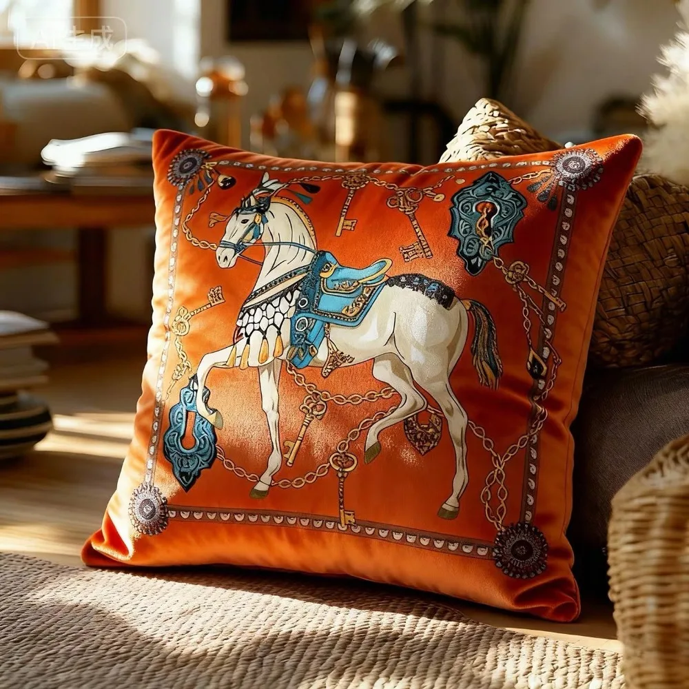 VIKAMA French light luxury horse throw pillow, antique high-end retro soft cushion in the living room