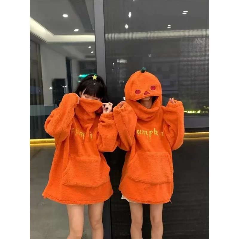 Pumpkin Hoodie Sweatshirt Halloween Carnival Party Sweater Head Lamb Fleece Women Men Sleepwear Orange Costume