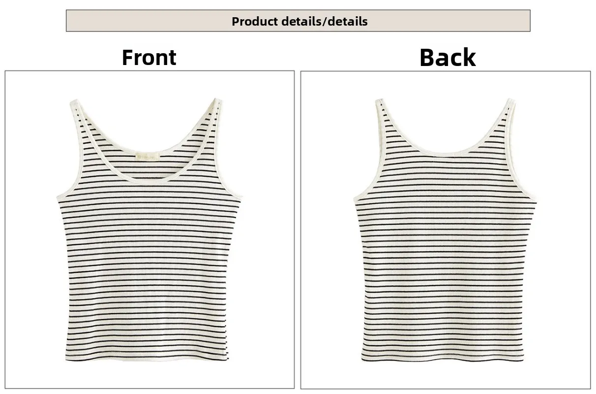 夏用の女性用コットンストライプキャミソールベスト、Uネックスリムフィット、着痩せ効果、アウターのベースとして