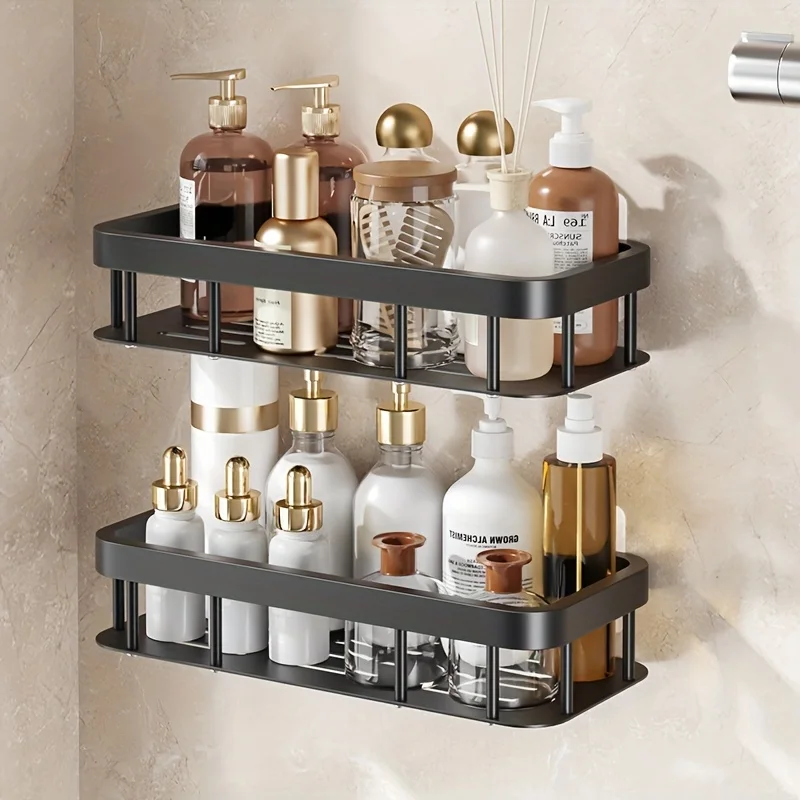 

1pc Wall-Mounted Metal Shelf Organizer for Bathroom and Kitchen - Space-Saving Storage Rack with Multiple Compartments, Durable