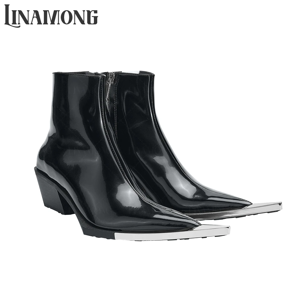 

Metallic Exaggerated Pointed Toe Booties Mid Heel Ankle Boots for Men Black Patent PU Leather Zipper Boots Novelty Handmade Boot