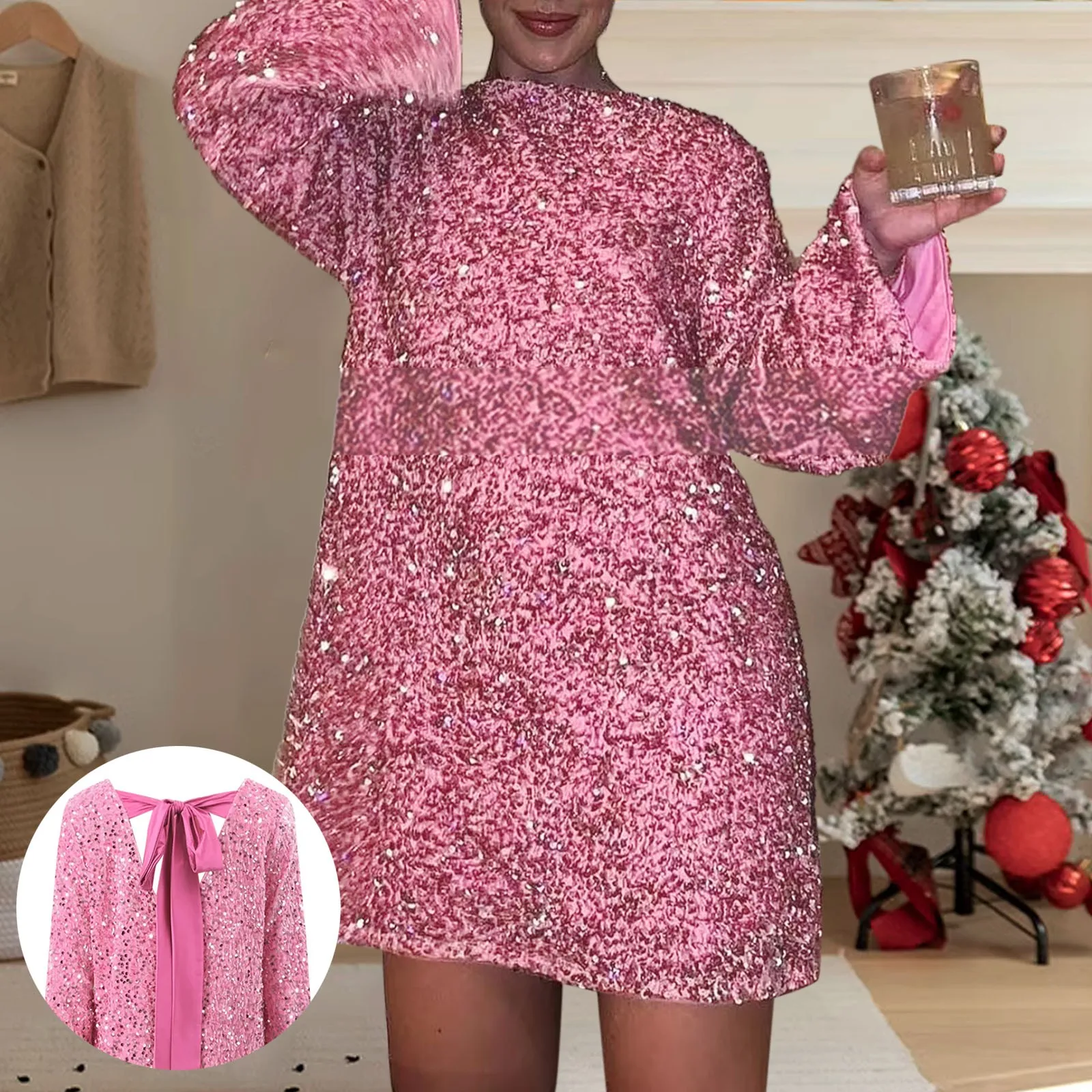 

Bow Sequin Dress Women Fashion Winter Christmas Long Sleeve Shiny Mini Dresses Female Elegant Chic Backless Party Lady Vestidos
