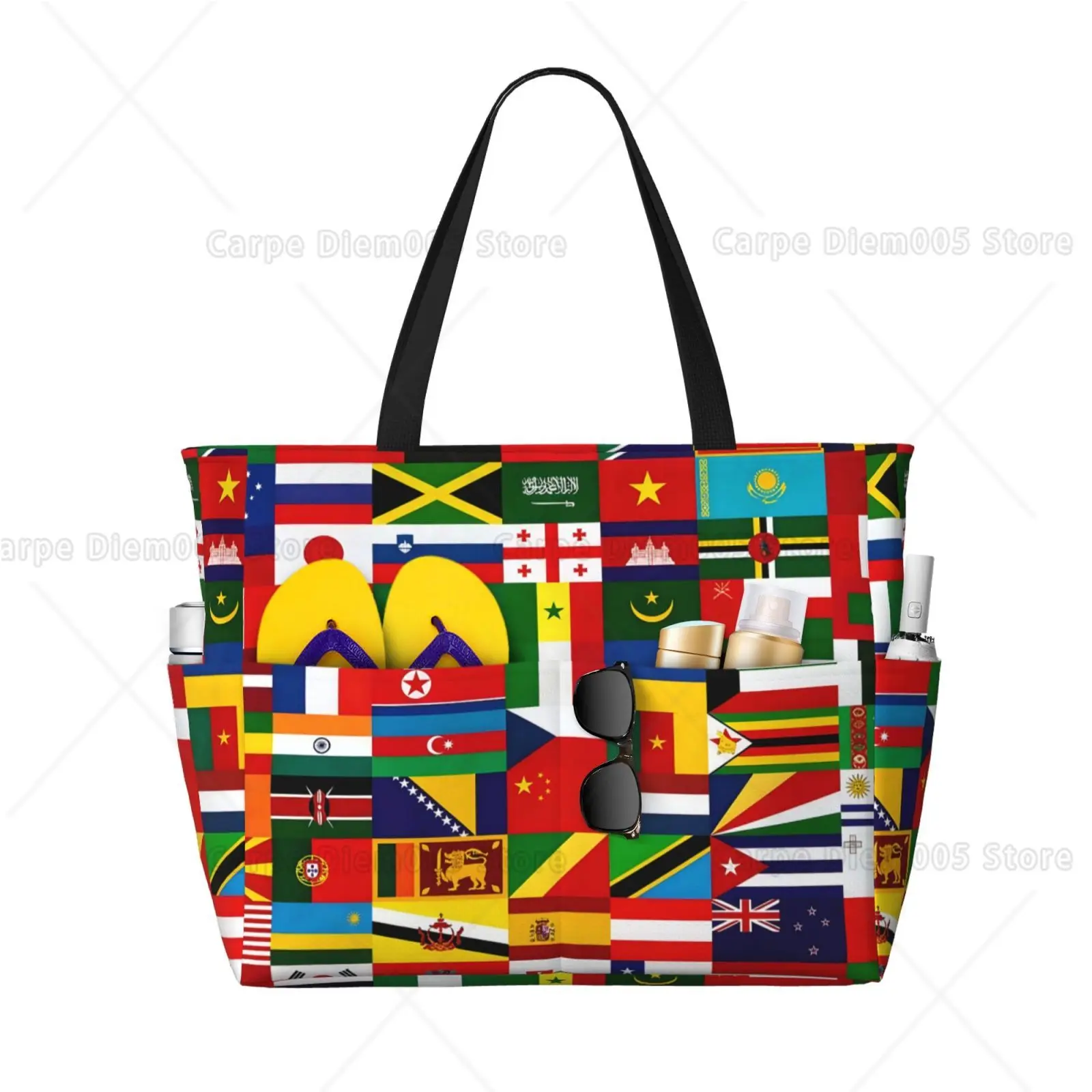 Flags Beach Bag with Zipper 8 Pockets Large Sandproof Pool handbag Womens Beach Tote Bag for Travel Vacation Shopping