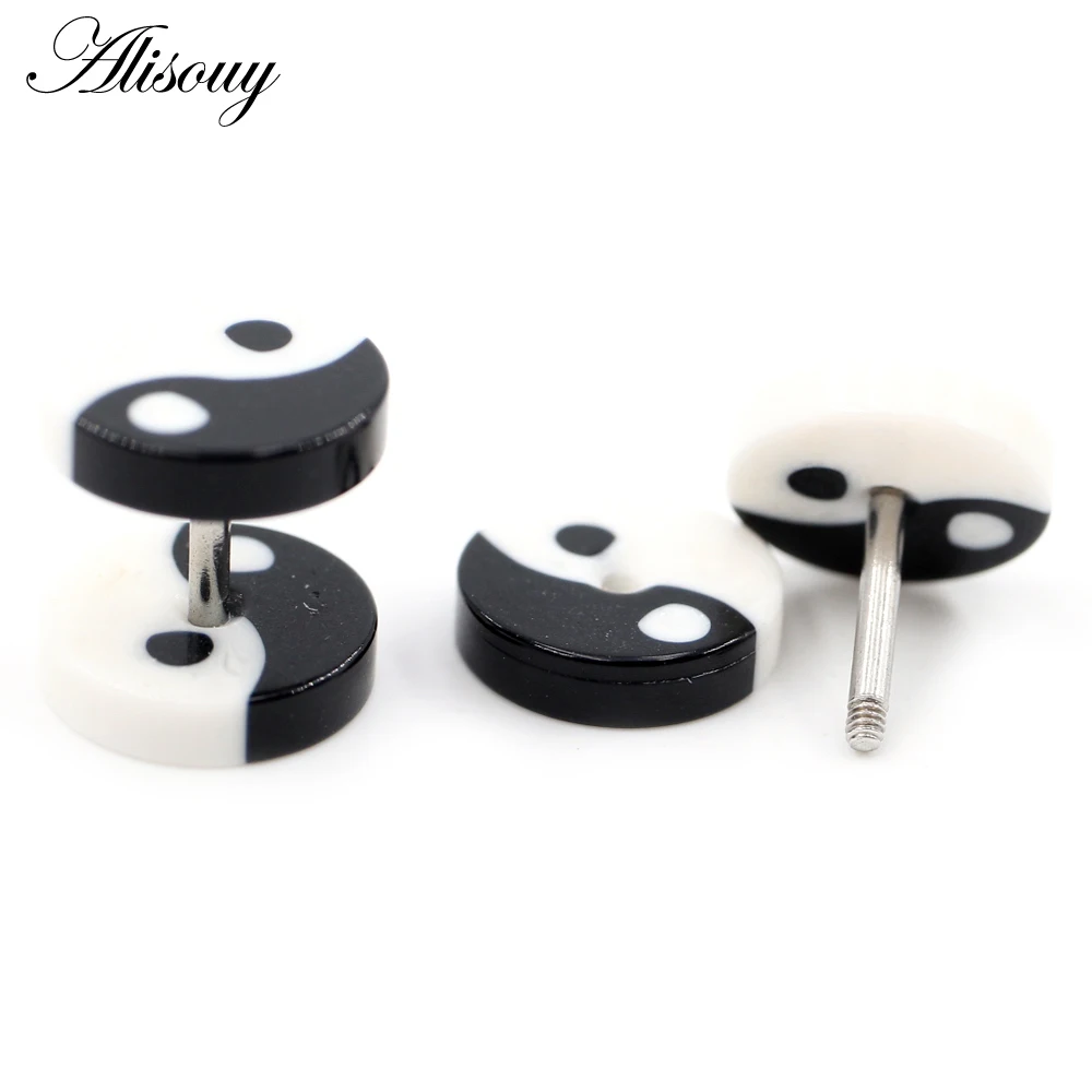 Alisouy 2pcs 8/10mm Bagua Tai Chi Diagram Acrylic Unisex Men Women Barbell Round Ear Stud Earrings Tragus Helix Piercing Jewelry