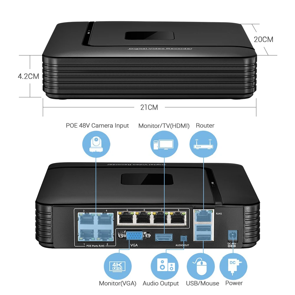 Imagem -02 - Câmera ip Nvr Ultra hd Sistema de Cftv Onvif 48v Gravador de Vídeo Poe Vigilância Rtsp 4ch 8mp 5mp 4ch 8mp Poe H.265 Nvr