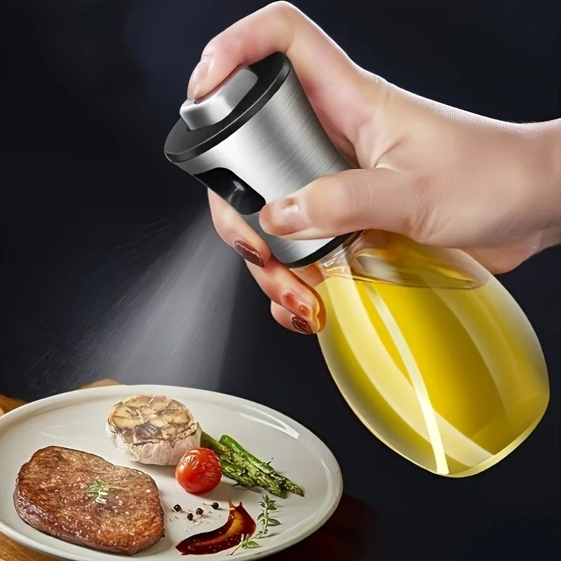 Botella pulverizadora de aceite de acero inoxidable de 200ml para cocinar, pulverizador de aceite de oliva reutilizable, recargable, utensilio de cocina portátil que no gotea, 1 ud.